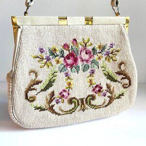 Vintage Ivory  Floral Needlepoint Pretty Cute Top Handle Bag